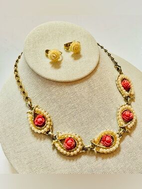 Mid-Century Faux Coral Rose Choker Necklace and Clip-On Earring Set